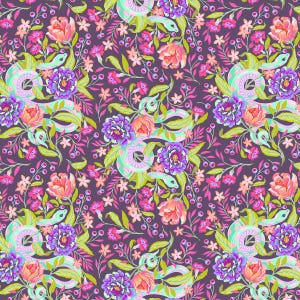 May include: A seamless pattern featuring pink, purple and green flowers and snakes on a dark purple background.