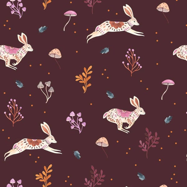 Maple Woods by Sarah Knight - Dashwood Studios - Rabbits in Burgundy - Woodland and Floral Quilting Cotton