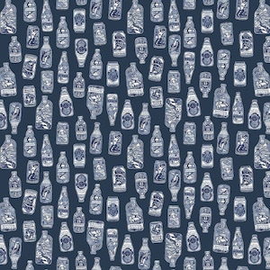 May include: A seamless pattern featuring various blue and white illustrations of nautical themed bottles and cans. The illustrations include a diver, a ship, an anchor, a skull and crossbones, a fish, and a mermaid. The background is a dark blue color.