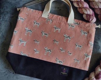 Large knitting or crochet project bag with interior pocket. Simple bag with handles and drawstring closure. Modern handmade bag.