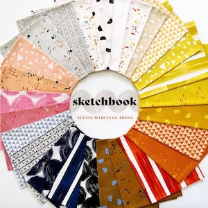 May include: A collection of fabric swatches arranged in a circular fan pattern, featuring various geometric, abstract, and striped prints in colours including yellow, orange, pink, blue, black, and white, with the text sketchbook Alexia Marcelle Abegg.
