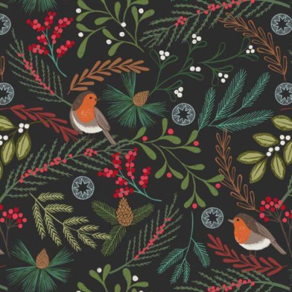 New Forest Winter Flannel From Lewis and Irene - Robin on Dark FLANNEL Fabric