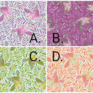 May include: Four fabric swatches with repeating patterns of birds and foliage. The patterns feature birds in flight, surrounded by leaves and flowers. The colour schemes include light blue, purple, green, and orange, each with a unique background colour.