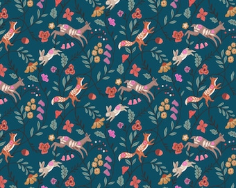 May include: A teal blue background with a repeating pattern of stylised foxes, deer, and rabbits jumping through a floral design. The flowers are pink, red, yellow, and orange.