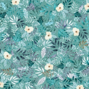 May include: Teal fabric with a floral design. The pattern includes cream-coloured flowers and leaves in teal, blue, and white. The fabric has a textured look, with a dense arrangement of botanical elements.