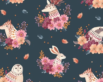 May include: A seamless pattern featuring various woodland creatures, including a deer, a rabbit, an owl, and a fox, surrounded by pink and burgundy flowers on a dark blue background.