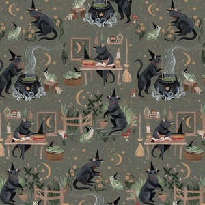 Goblincore by Rae Ritchie - Dear Stella - Witchy Cats with Cauldrons in Cypress - Halloween Themed Quilting Cotton Fabric