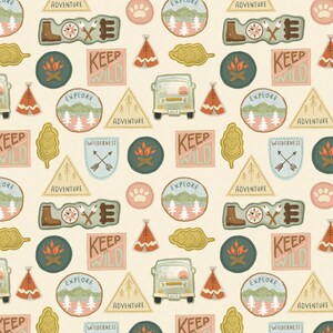 May include: A seamless pattern featuring various patches and badges with a camping and adventure theme. The patches are in various colors and shapes, including green, blue, red, yellow, and brown. The patches feature text such as "Keep Wild", "Adventure", "Explore", and "Wilderness".