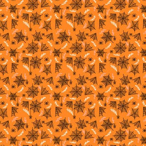 May include: Orange Halloween fabric featuring a repeating pattern of black spiderwebs, spiders, and white and pink leaf designs. Ideal for crafting and seasonal decorations. The fabric is suitable for various craft projects.