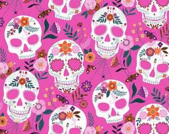 Twilight - Bethan Janine - Dear Stella - Pink Skulls - Halloween Themed Quilting Cotton Fabric