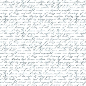 May include: A seamless pattern of handwritten text in blue ink on a white background. The text repeats the phrase "Looking beyond human existence. Always gazing at the night sky.  Some smaller cosmos are beyond our world. Knowing of living and all knowing of living and all knowing."