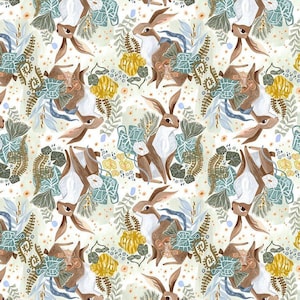 May include: A repeating pattern featuring brown and white rabbits amidst stylized foliage. The design includes yellow flowers, blue ribbons, and various green and brown leaves, all set against a cream-coloured background with small, scattered dots.