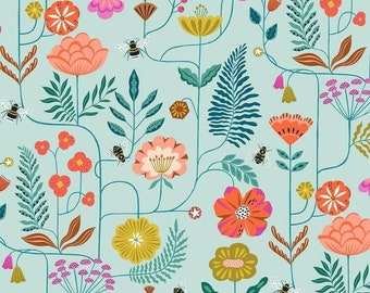 May include: A seamless pattern featuring a whimsical garden scene with stylized flowers, leaves, and bees. The flowers are in shades of pink, orange, yellow, and red, and the leaves are in shades of green and brown. The bees are yellow and black. The background is a light blue.