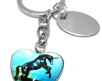 Engraved personalised metal galloping unicorn keyring in velvet gift pouch LT153
