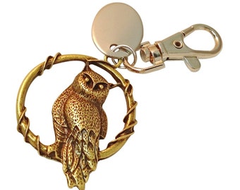 Brown metal owl custom engraved PL368 personalised keyring with gift pouch