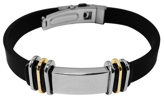 Custom Engraved Men/'s ID Bracelet rubber /& stainless steel gift pouch BR91