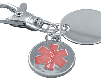 Personalised engraved silver medical tag keyring keychain in gift pouch PL25