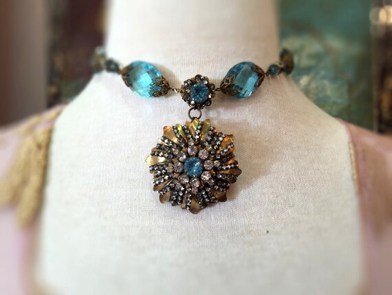 Miriam Haskell aqua choker with jeweled Chrysanthe