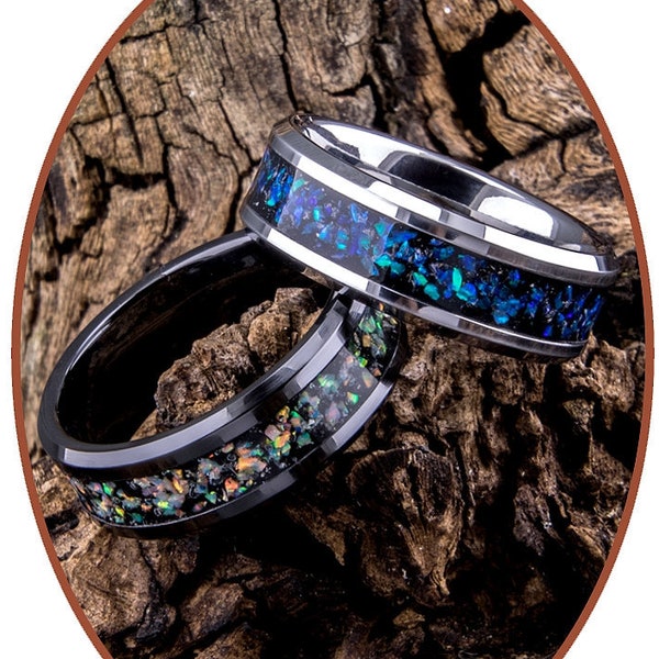 Cremation Ashes Ring - Tungsten Carbide or Black Ceramic - Opal - Pet Ash Ring - Cremation Jewelry  - 8mm width - OP400
