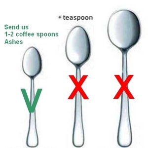 Op de afbeelding: Diagram dat het verschil laat zien tussen een theelepel, een koffielepel en een soeplepel. De tekst "Send us 1-2 coffee spoons Ashes" staat in het groen bovenaan de afbeelding. De koffielepel is gemarkeerd met een groen vinkje, terwijl de theelepel en de soeplepel zijn gemarkeerd met een rood kruis.