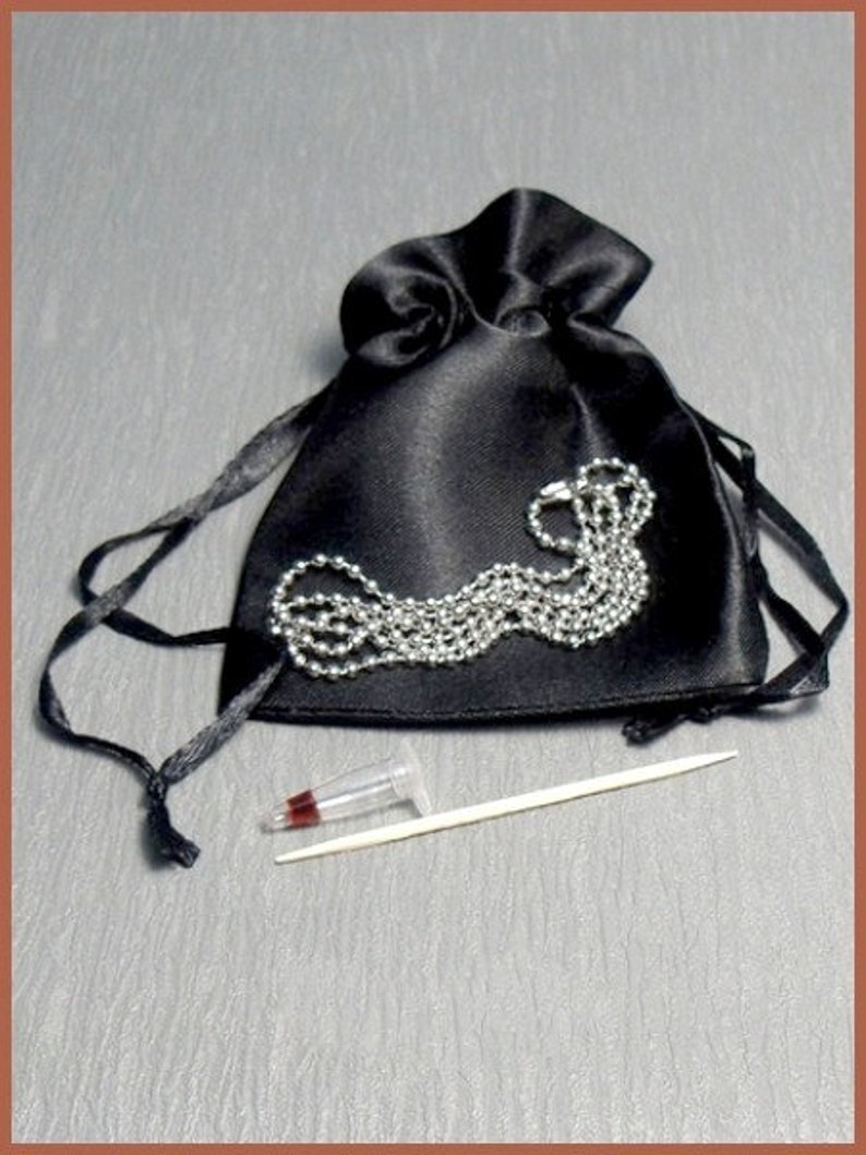 May include: A black satin pouch with a silver chain inside. The pouch is tied with a black ribbon. A small clear vial and a wooden toothpick are also included.