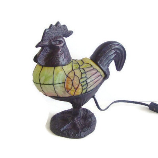 Stained Glass Rooster Lamp, Accent / Table Lamp,  Glass and Cast Metal, Yellow, Multicolor