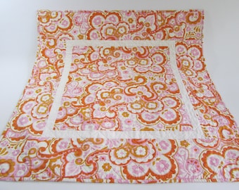 Quilted Modern Print Square Table Topper - Unique Modern Floral Print in Orange and Pink adds a bright accent to your home