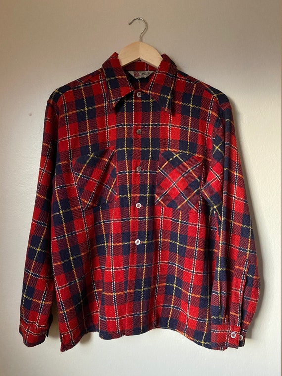 1940's Red Shield Plaid Wool Button Front Work Shi