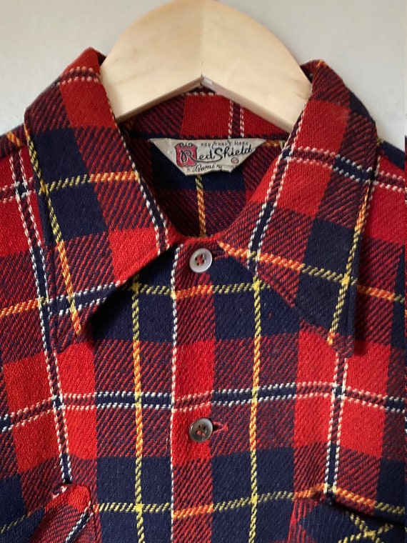 1940's Red Shield Plaid Wool Button Front Work Sh… - image 3