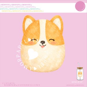 Op de afbeelding: Een aquarelillustratie van een beige en cr&egrave;mekleurige Corgi-hond met een ronde vorm, gesloten ogen, roze wangen en een klein tongetje. Het ontwerp bevat de herhaalde tekst AMORPAPEL en toont een voorbeeld van een klein glas.