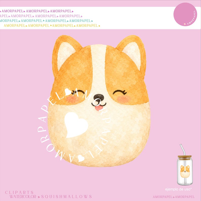 Op de afbeelding: Een aquarelillustratie van een beige en cr&egrave;mekleurige Corgi-hond met een ronde vorm, gesloten ogen, roze wangen en een klein tongetje. Het ontwerp bevat de herhaalde tekst AMORPAPEL en toont een voorbeeld van een klein glas.