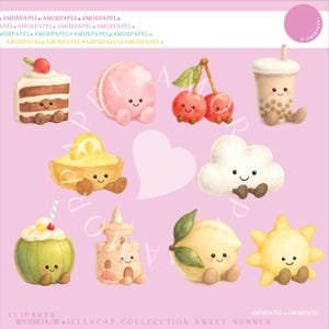 Puede incluir: Una colección de ilustraciones en acuarela con lindos personajes antropomórficos que incluyen una rebanada de pastel, un macarrón rosa, cerezas, té de burbujas, tarta de limón, una nube, un coco, un castillo de arena, un limón y un sol sobre un fondo rosa claro.