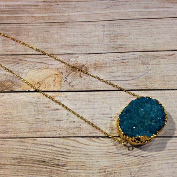 Turquoise Druzy Pendant Necklace, 14k Gold Druzy Necklace, Geniune Druzy Jewelry, Natural Drusy Necklace