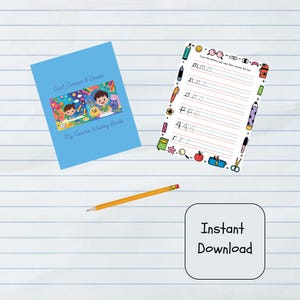 May include: A light blue writing guide titled "My Cursive Writing Guide" with illustrations of children. A lined practice sheet with letters and a yellow pencil are also present. The words "Instant Download" are in a white box.