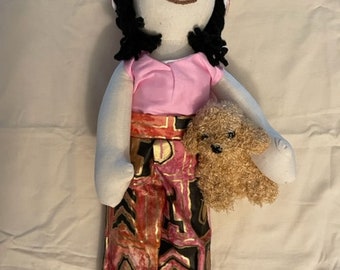 Muslin 18 inch cloth rag doll 18 inch Fabric Doll Girl Doll Biracial Doll Brown Doll Beige Doll Black Doll Stuffed Doll with pet LYDIA