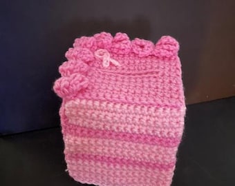 Handmade Crochet Pink Ribbon Breast Cancer Awareness Cake Slice Square Tissue Box Cover