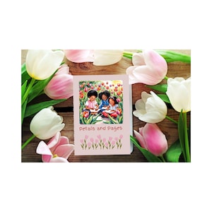 Cuaderno de diario con líneas en blanco con tulipanes, para niños afroamericanos, mediano, con líneas en blanco y diseño floral.