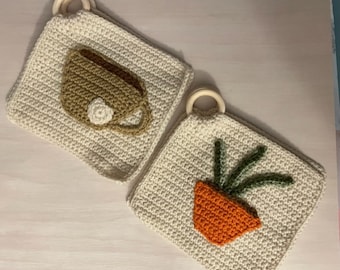 Handmade Crochet Set of 2 Potholders with Wooden Rings