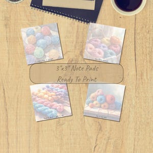 May include: Four square note pads measuring 3 inches by 3 inches, each featuring a different photographic print of colorful yarn balls and skeins. The central text on the image reads 3"x3" Note Pads Ready To Print in a dark brown font.