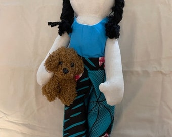 Muslin 18 inch cloth rag doll 18 inch Fabric Doll Girl Doll Biracial Doll Brown Doll Beige Doll Black Doll Stuffed Doll with pet NAOMI