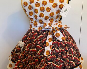 Retro Style Sweetheart Hostess Apron Thanksgiving Turkeys Pumpkins