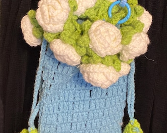 Crochet Crossbody Cell Phone white Roses Bag