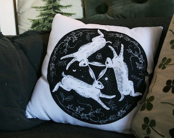 The Three Hares Premium Pillow - Magical Imagery - Folklore - Myth and Legend - Traditional - Celtic - Pagan - Lunar - Fertility Symbol