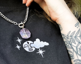 Shy Moon Oversized Faded T-Shirt - Embroidered - Witchy - Moon - Stars - Goth - Streetwear - Magic
