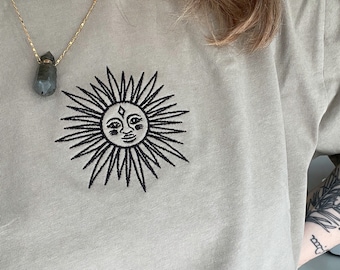 Sun Goddess Oversized Faded T-Shirt - Embroidered - Witchy - Sun - Magic - Hippy - Y2K - Yoga