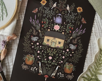 Cosy Cottage Art Print - Cottagecore Botanical Print - Cute - Home - Housewarming - Country