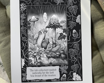 The Ink Collectors Art Print - Mice and Mushrooms - Fungi - Inkcap - Shaggy Mane - Fairy Story - Folktale - Storybook - Fairytale