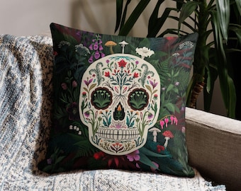 Sugar Skull Premium Pillow - Folklore - Dias De Las Muertos - Day of the Dead - Halloween - Spooky - Witchy - Skull - Floral