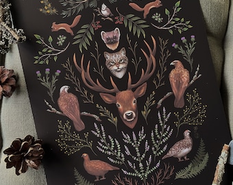Scottish Highland Flora and Fauna - Art Print - Nature Botanical Print - Scottish Wildlife - Scotland - Stag