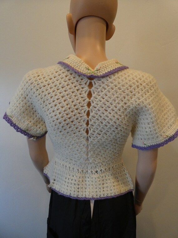 Beautiful Crocheted Beige Cardigan with Lilac Tri… - image 6